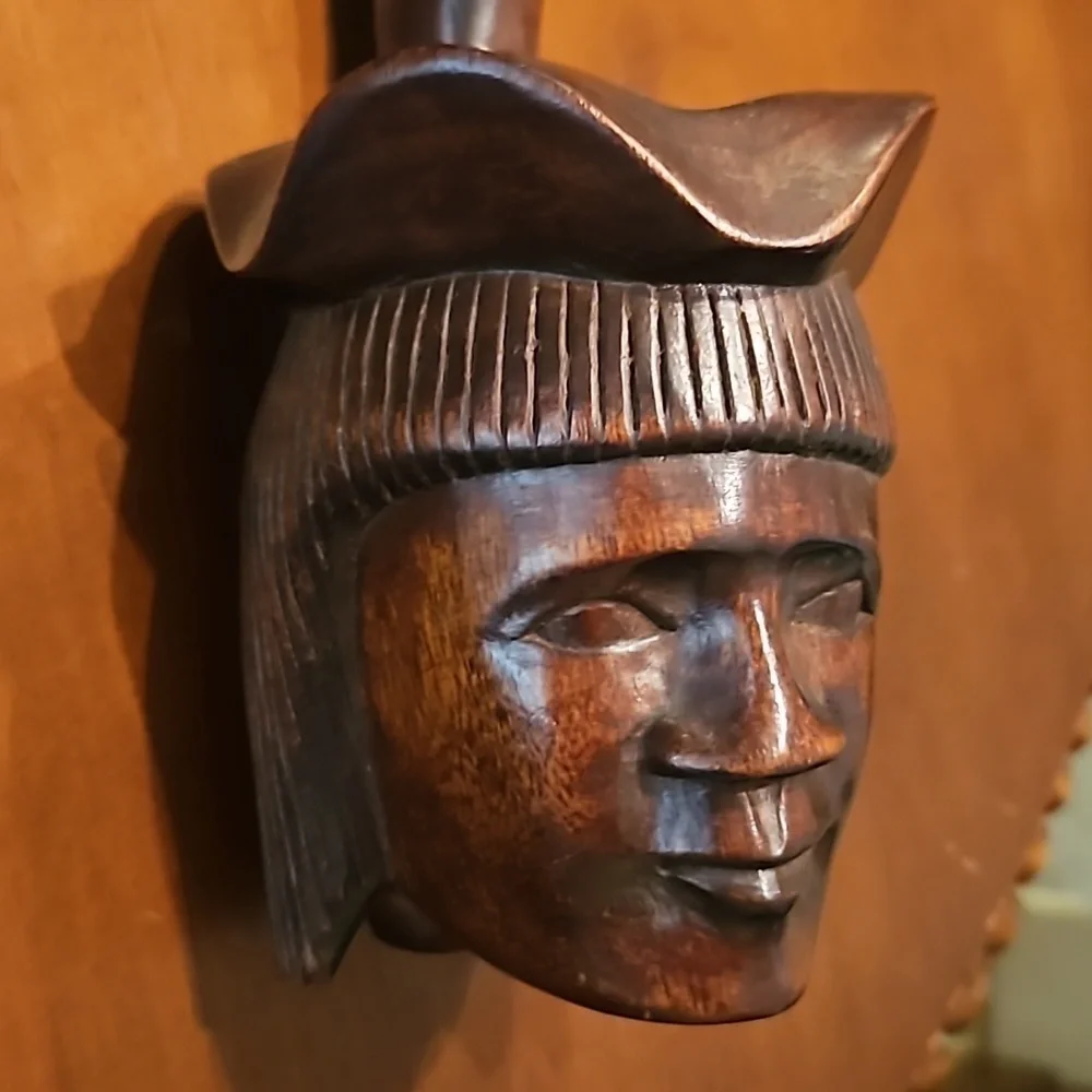Vintage Tribal Carved Man Face Wood Dipper Pot Candle Wall Sconce